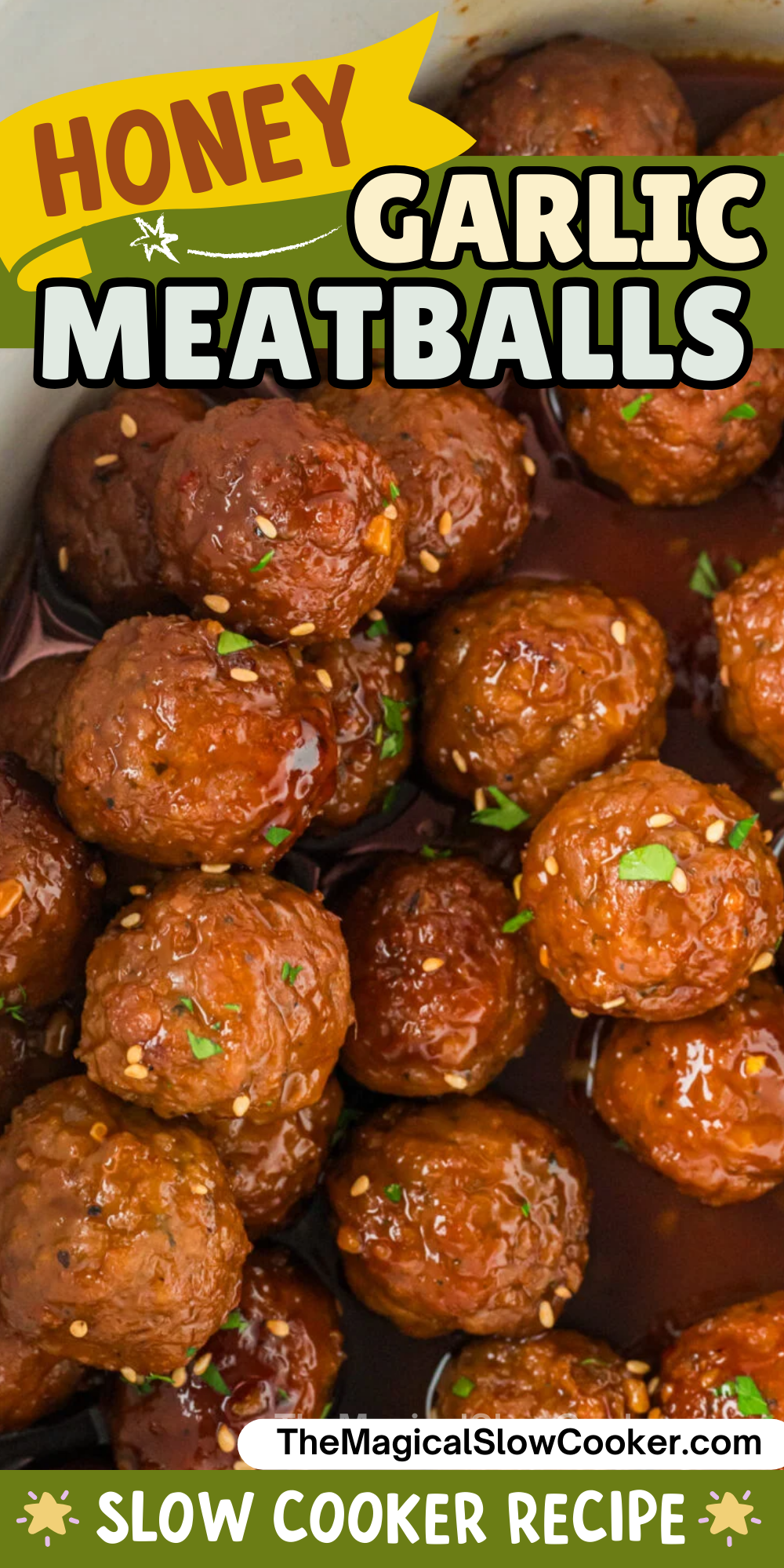 Honey Garlic meatball photos with text overlay for pinterest.