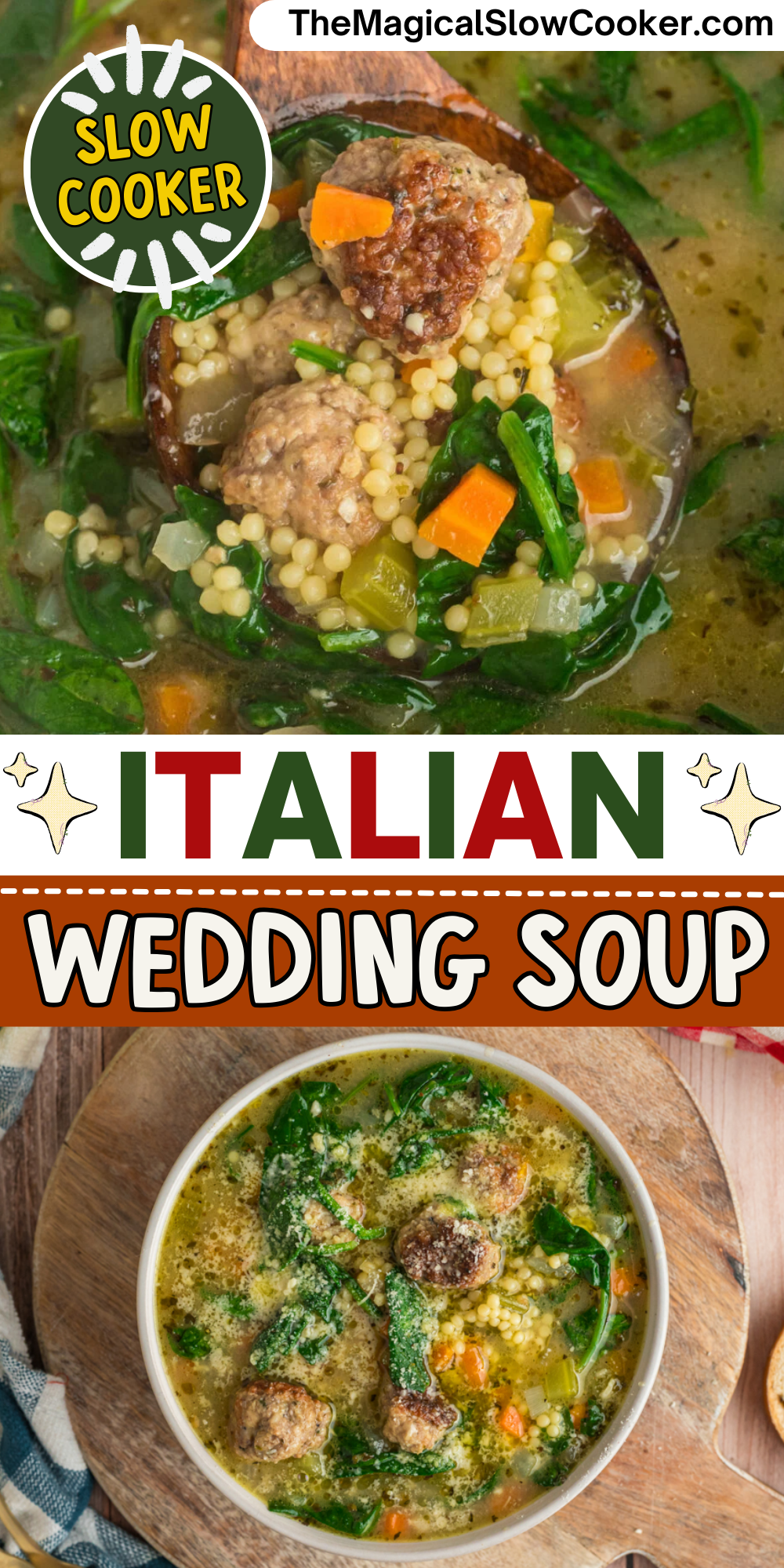 Italian wedding soup photos with text overlay for pinterest.
