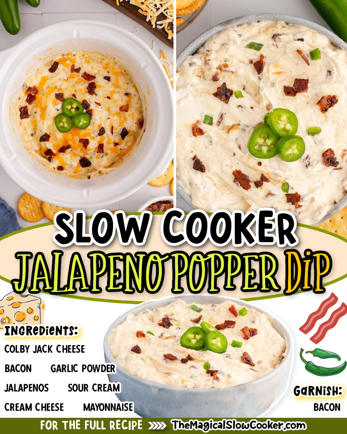 Jalapeno popper dip photos with text of what the ingredients are for facebook.