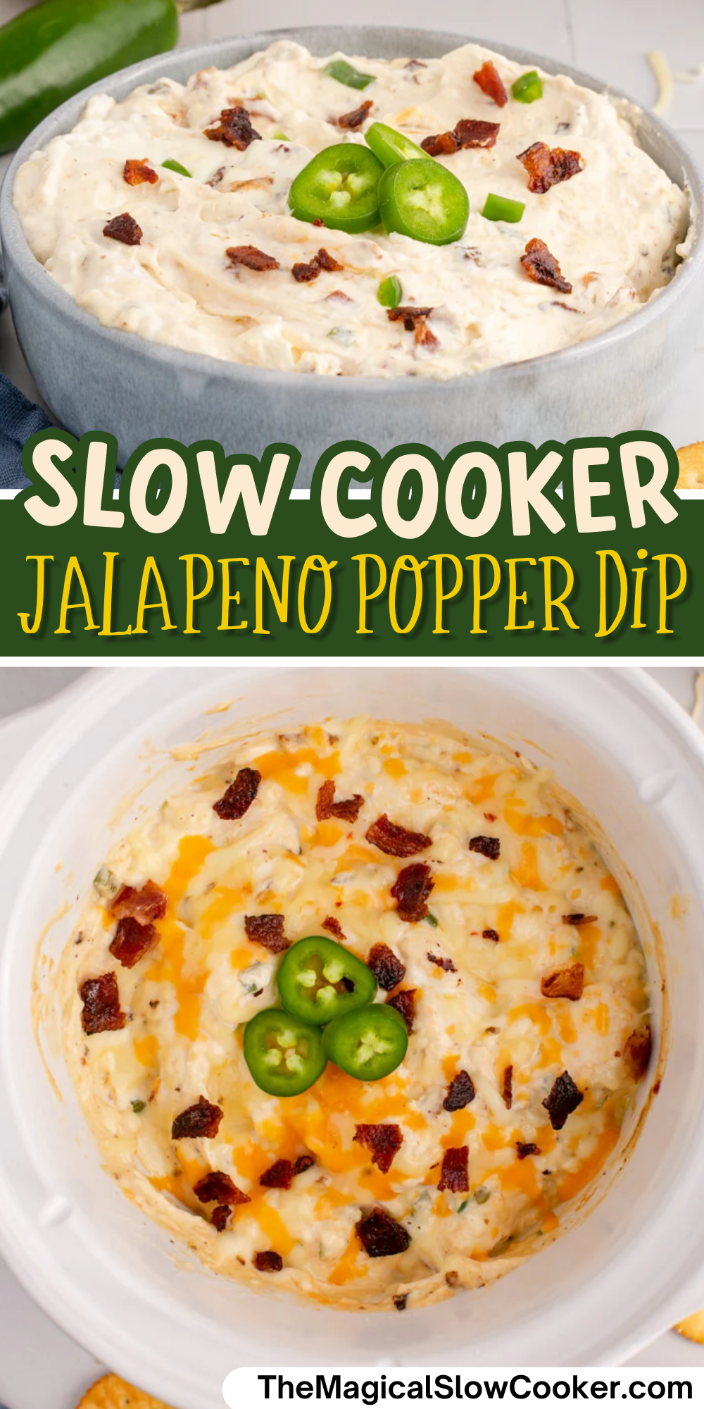 jalapeno popper dip photos with text overlay for pinterest.
