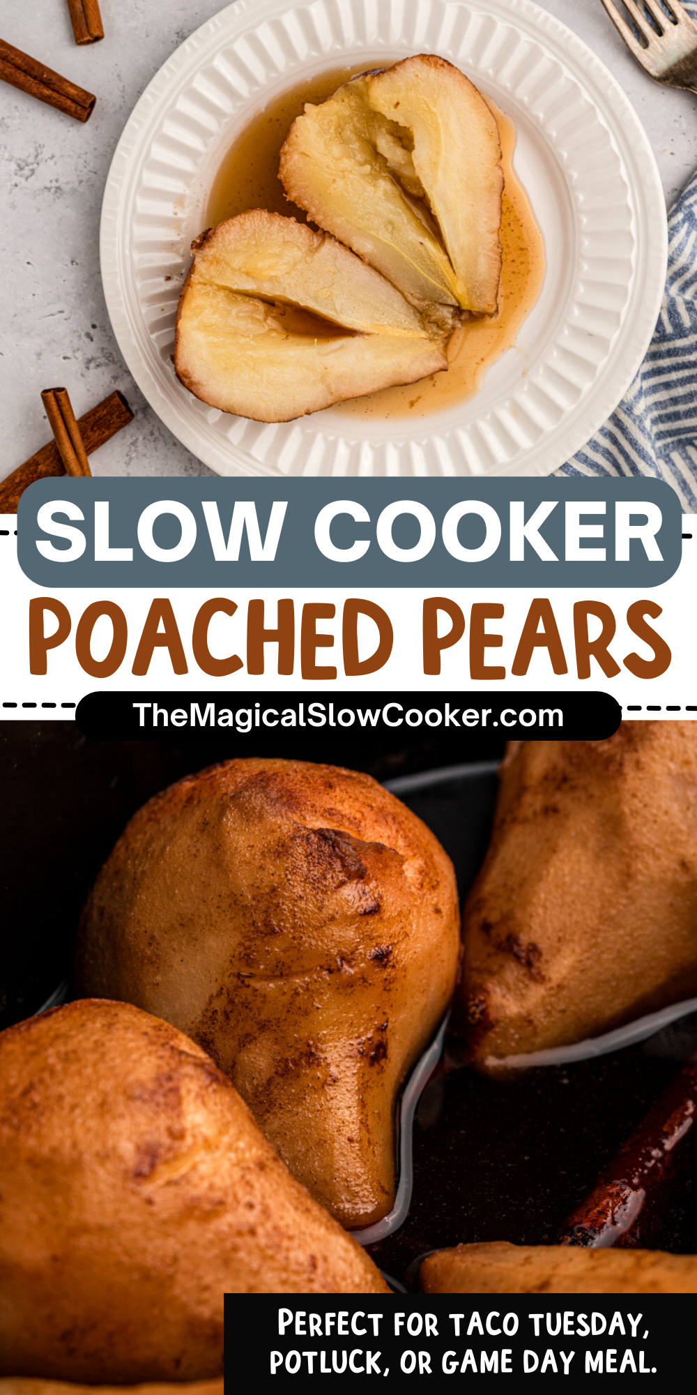 poached pears photos with text overlay for pinterest.