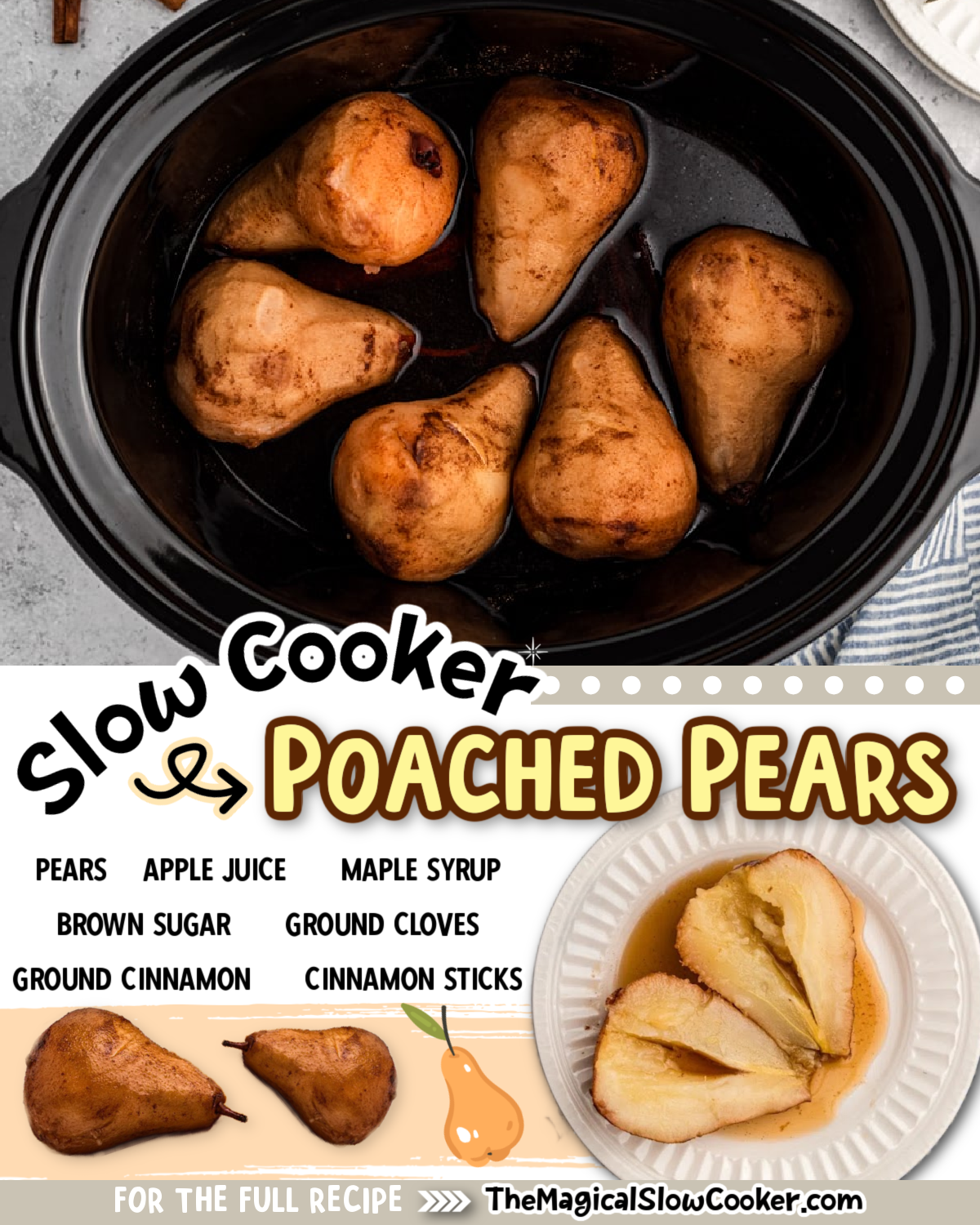 Poached pears photos with text of what the ingredients are for facebook.