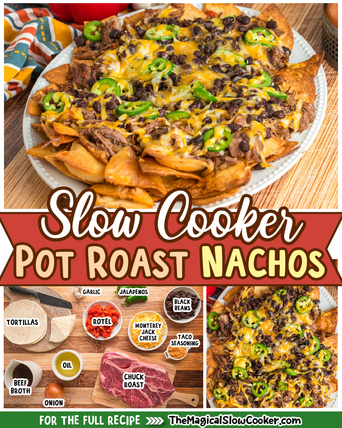 Pot roast nacho photos with text of what the ingredients are for facebook.