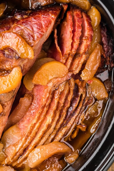 close-up of slow cooker apple and clove ham.