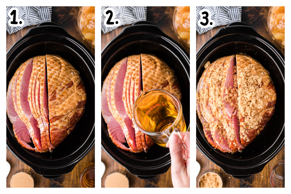 three images showing how to make slow cooker apple and clove ham.