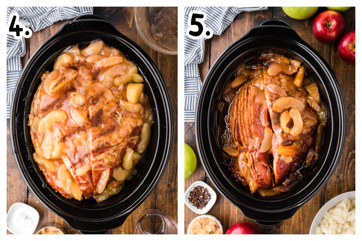 two images showing how to make slow cooker apple and clove ham.