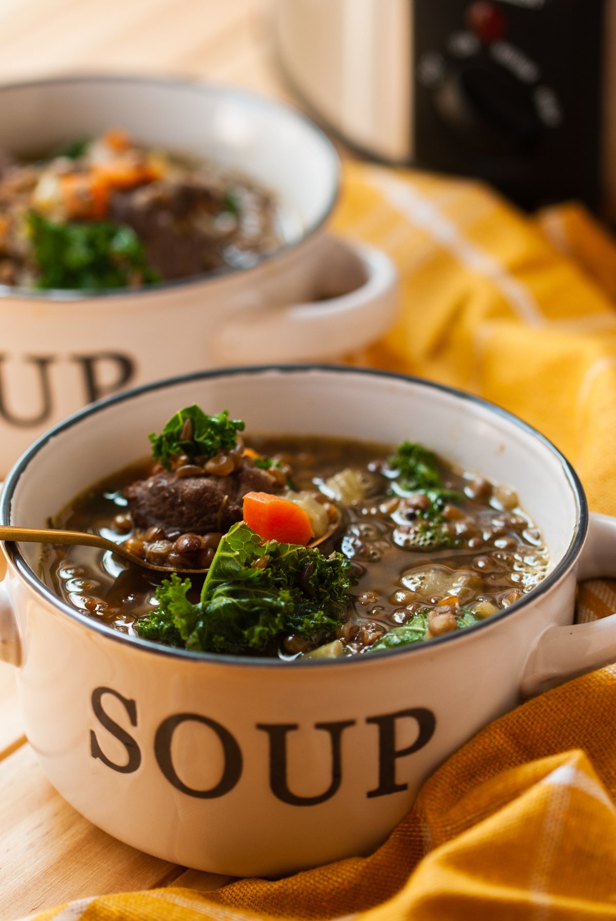 slow cooker beef and lentil soup in bowls.