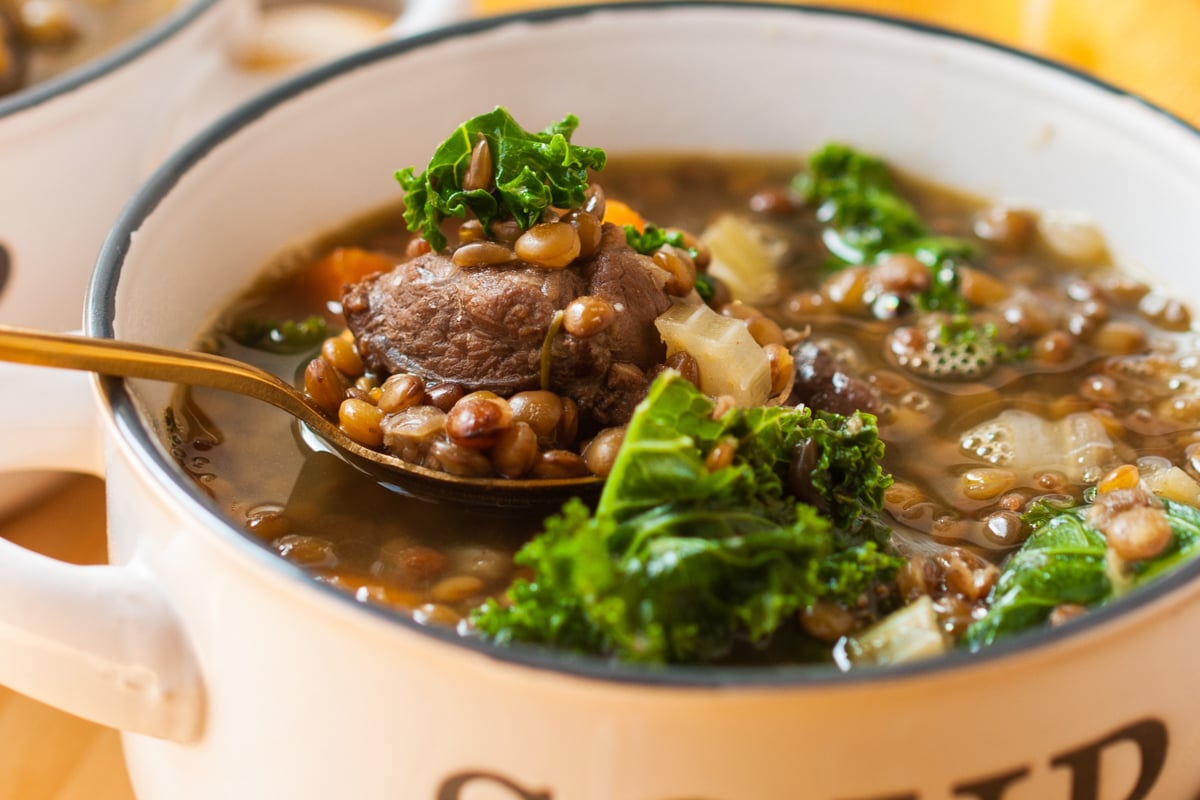 close-up of slow cooker beef and lentil soup in a bowl.