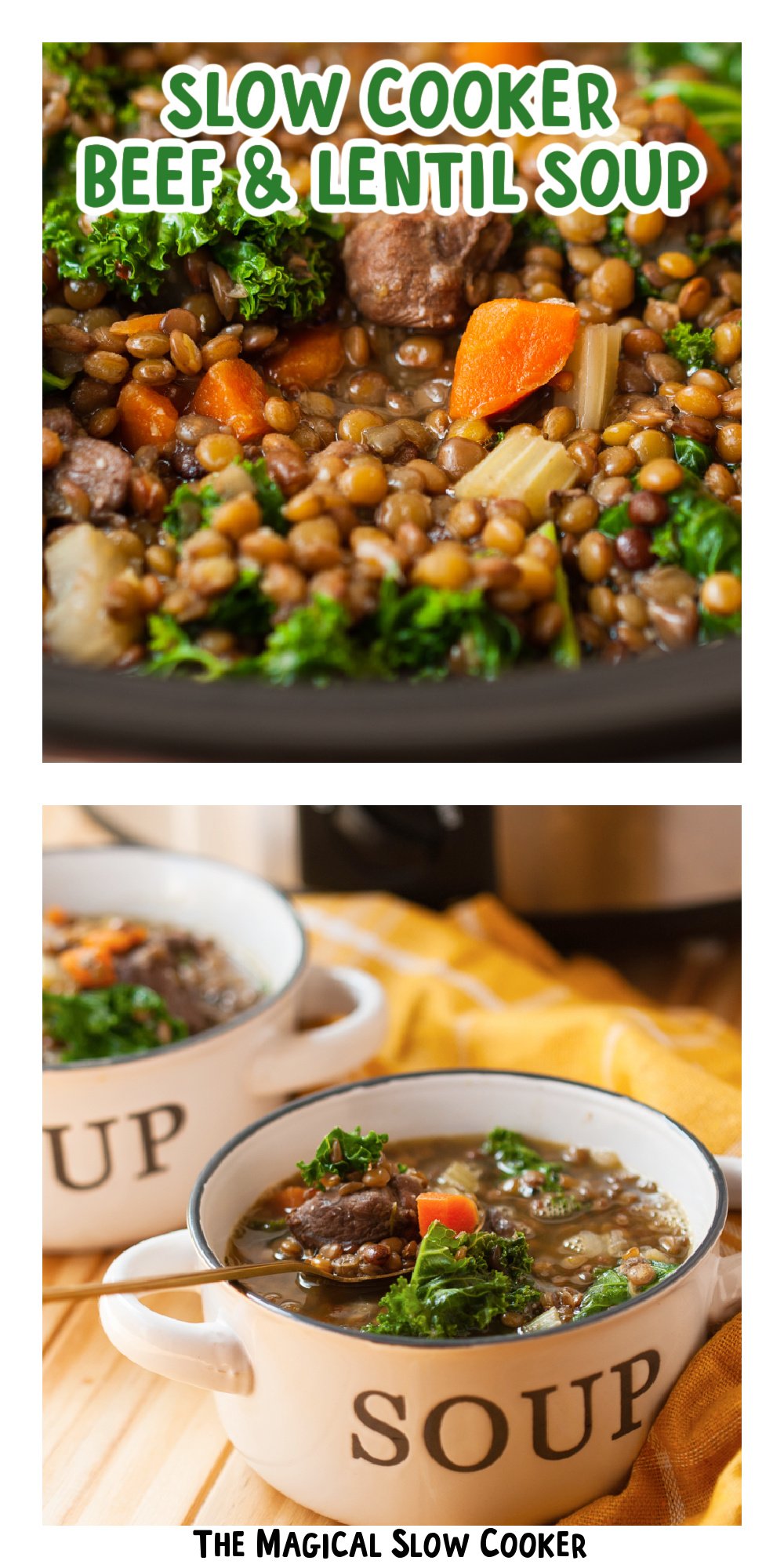 two images of slow cooker beef and lentil soup with text title overlay.