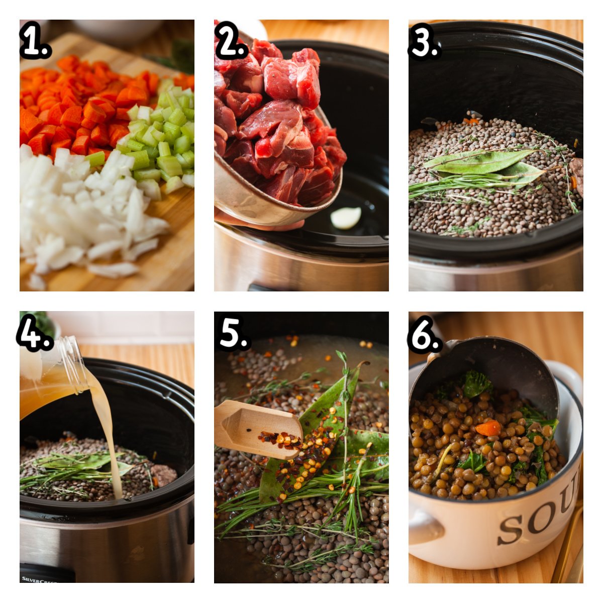 six images showing how to make slow cooker beef and lentil soup.