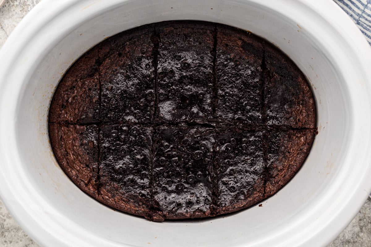 overhead shot of brownies in a slow cooker.