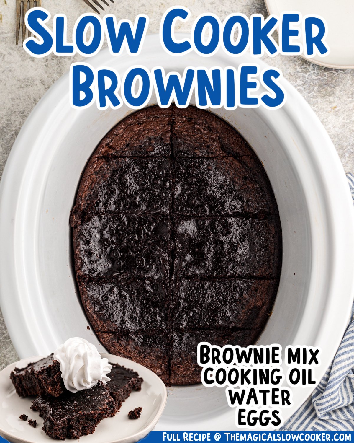 two images of slow cooker brownies with text list of ingredients.