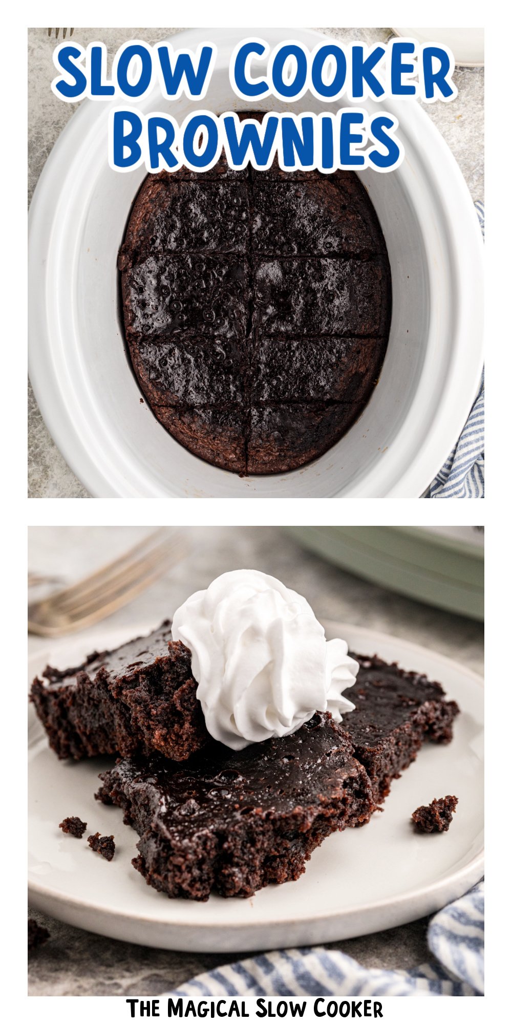 two images of slow cooker brownies with text title overlay.