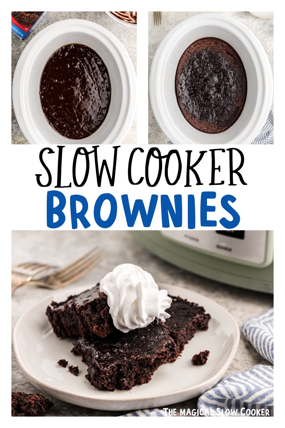 three images of slow cooker brownies for pinterest.