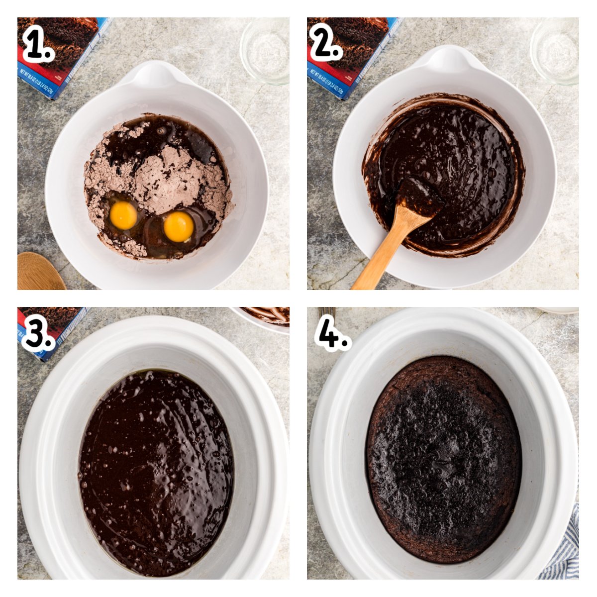 four images showing how to make slow cooker brownies.