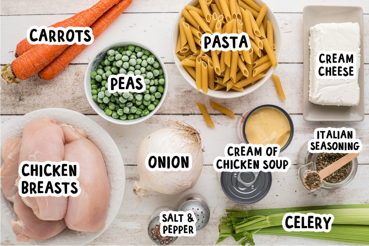 ingredients for slow cooker chicken pot pie pasta on a table.