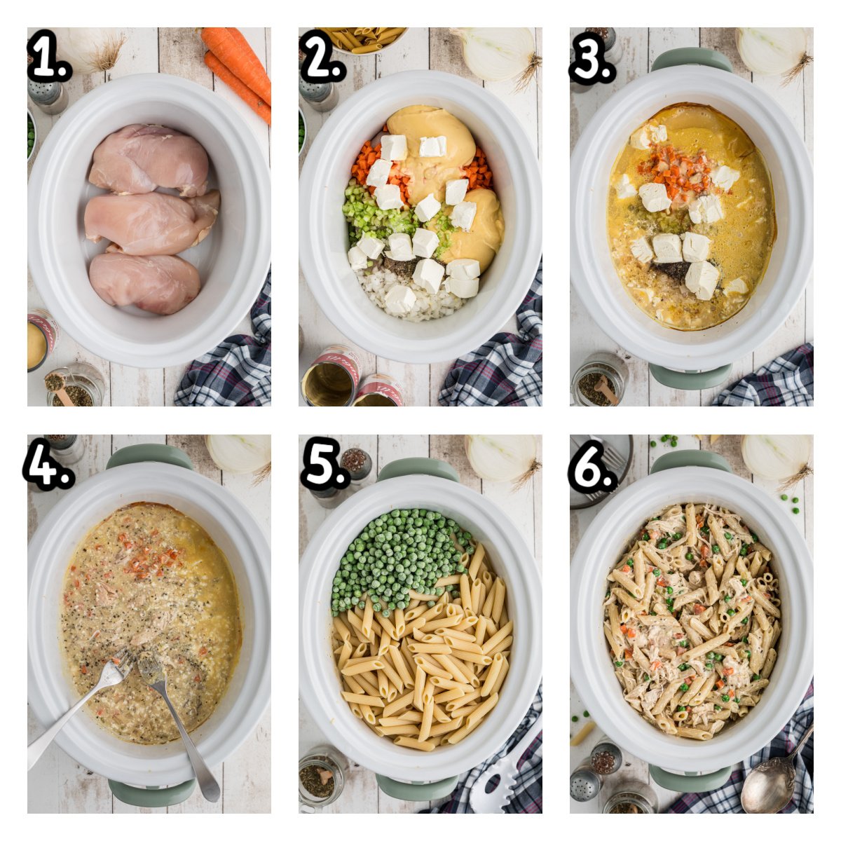 six images showing how to make slow cooker chicken pot pie pasta.
