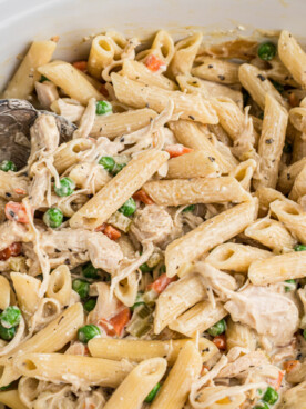 close-up of slow cooker chicken pot pie pasta.