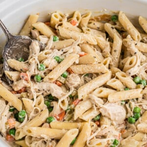close-up of slow cooker chicken pot pie pasta.