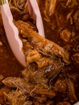 overhead close-up of slow cooker dr. pepper pulled pork .