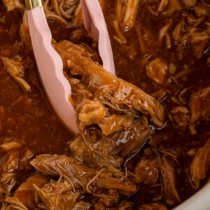 overhead close-up of slow cooker dr. pepper pulled pork .