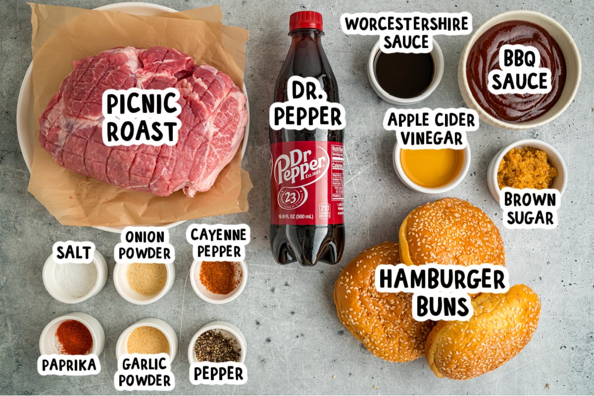 ingredients for slow cooker dr. pepper pulled pork on a table.
