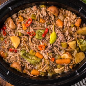 overhead shot of slow cooker eye of round roast.