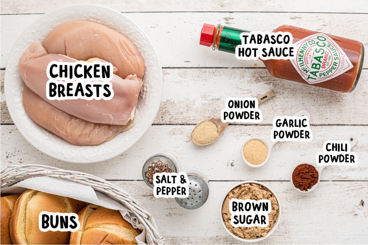 ingredients for slow cooker nashville hot chicken sandwiches on a table.