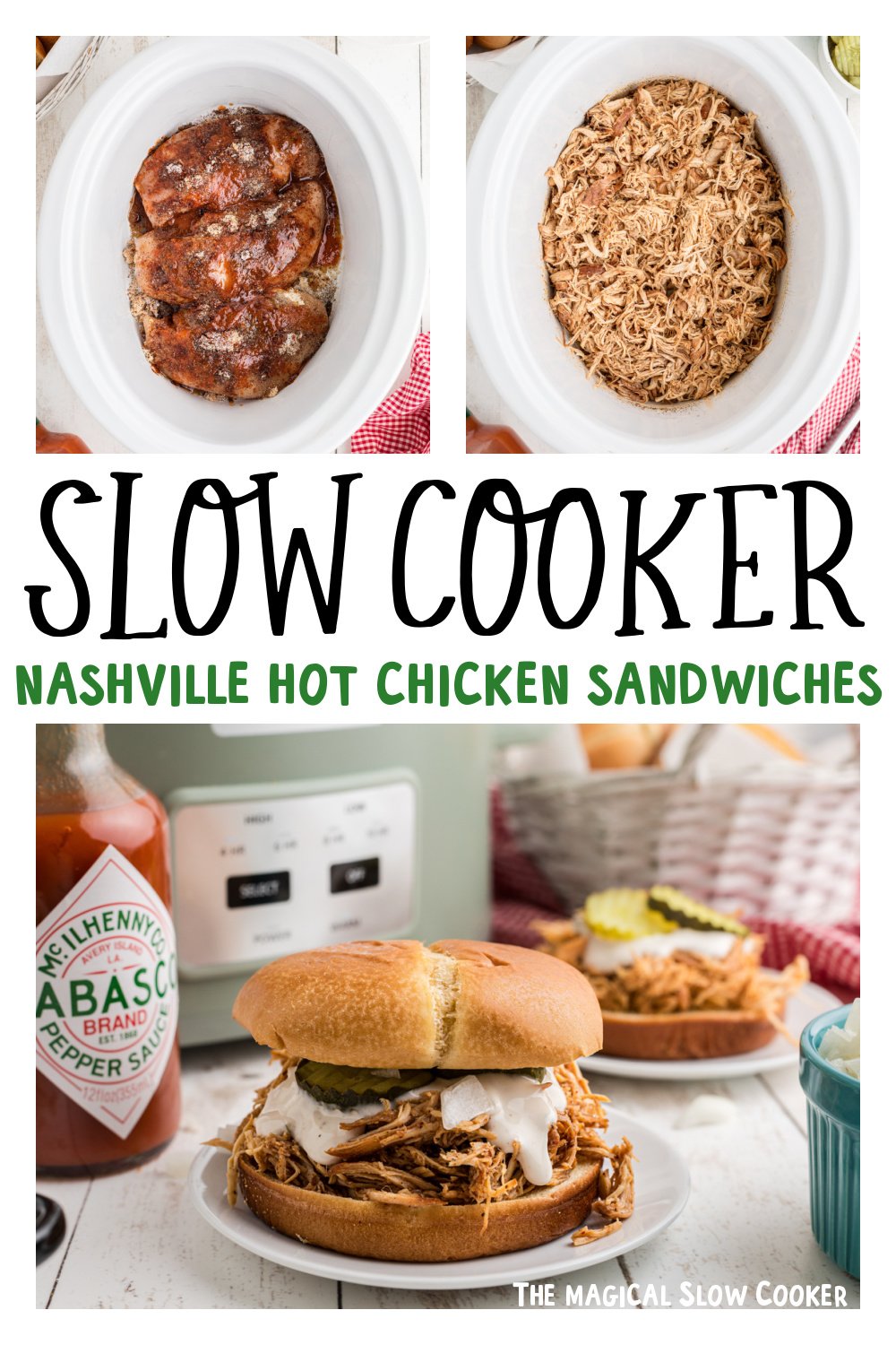three images of slow cooker nashville hot chicken sandwiches for pinterest.