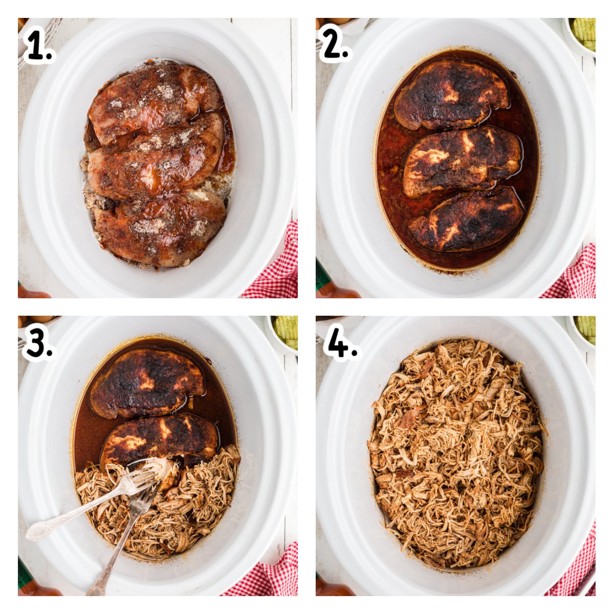 four images showing how to make slow cooker nashville hot chicken sandwiches.