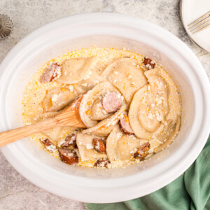 overhead shot of slow cooker pierogies.