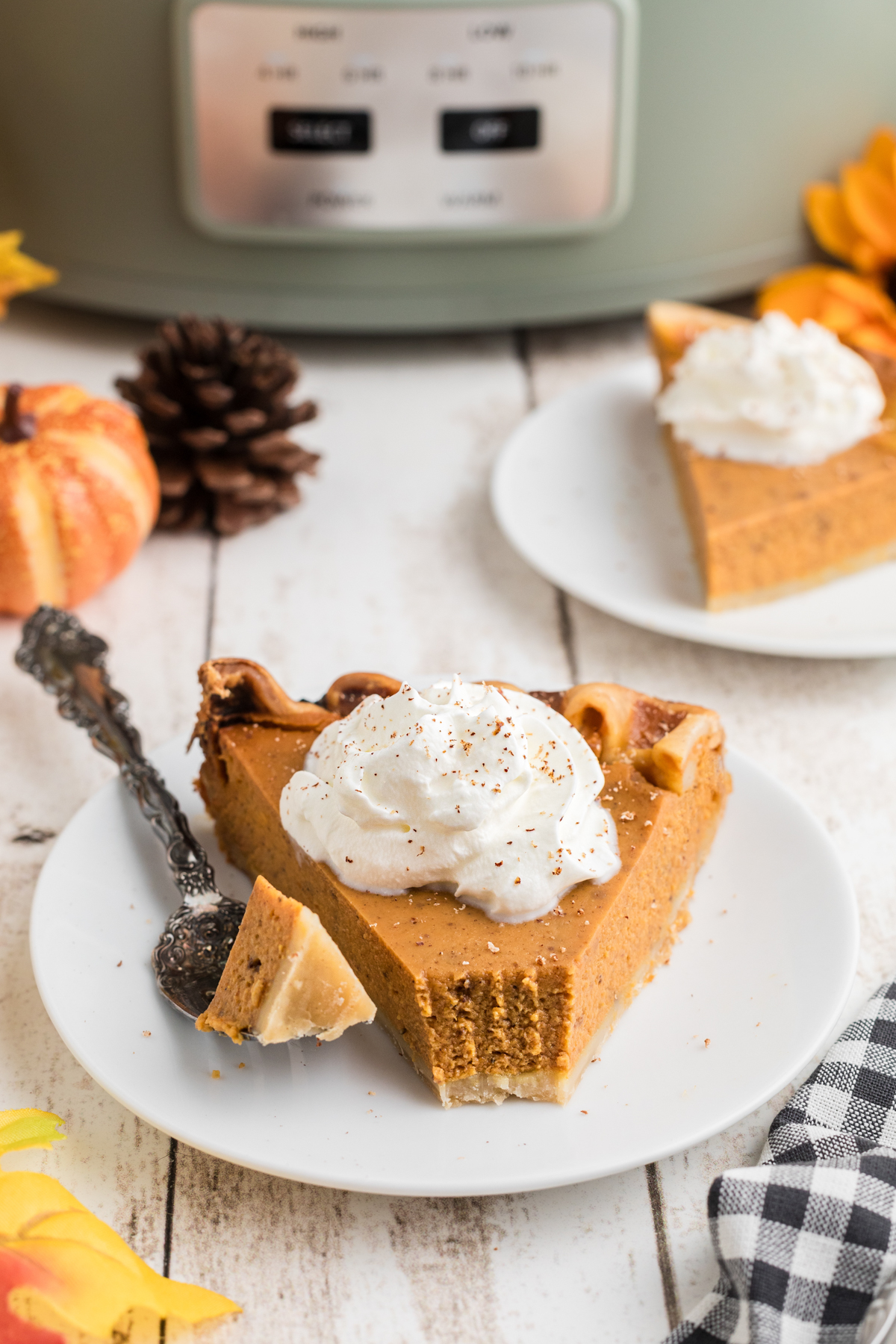 slice of pumpkin pie in front of slow cooker.