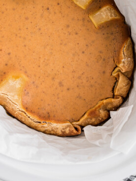 overhead shot of slow cooker pumpkin pie.