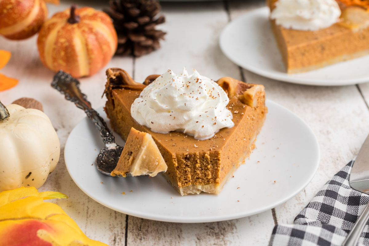 slice of slow cooker pumpkin pie with forkful taken off the front.