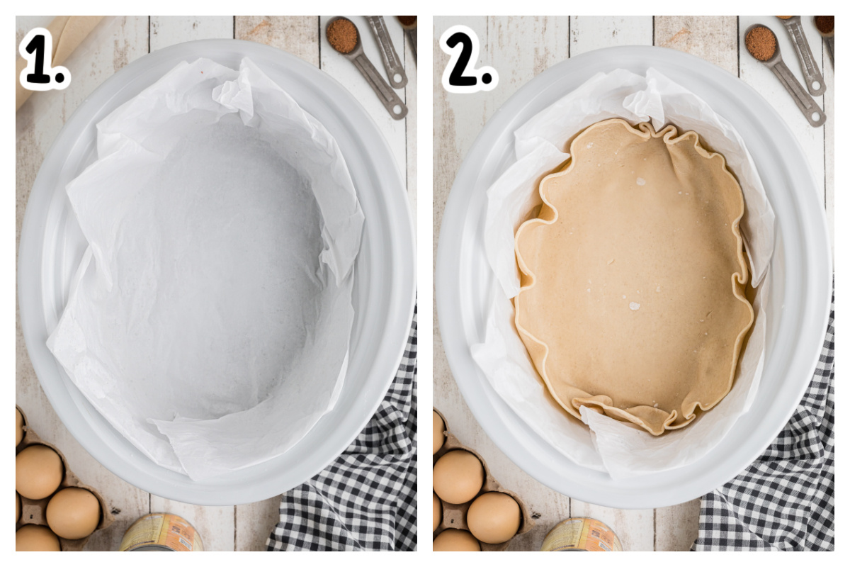 two images showing how to make slow cooker pumpkin pie.