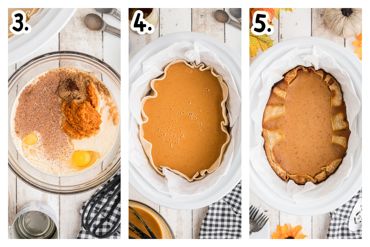 three images showing how to make slow cooker pumpkin pie.