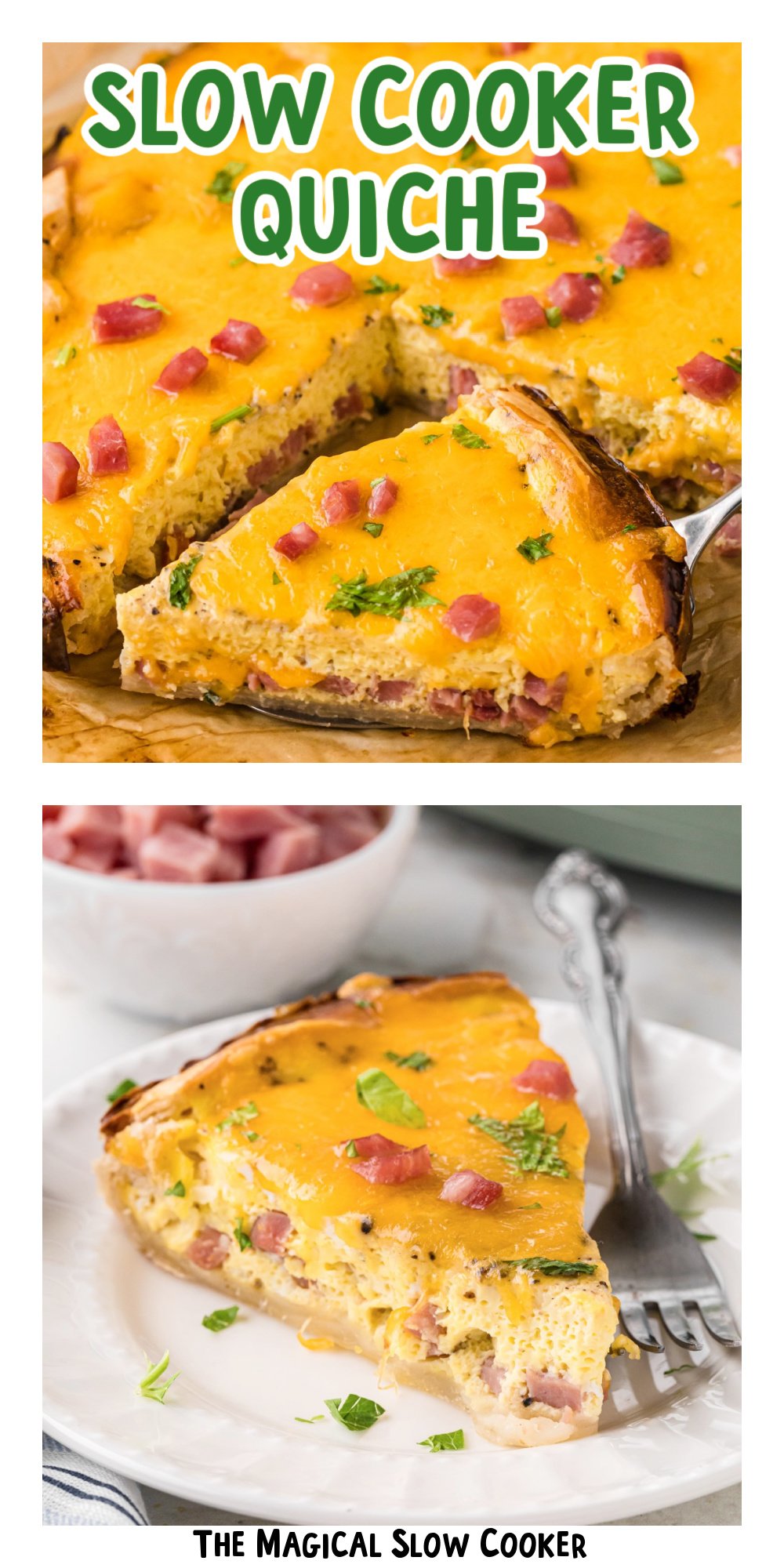 two images of slow cooker quiche with text title overlay.