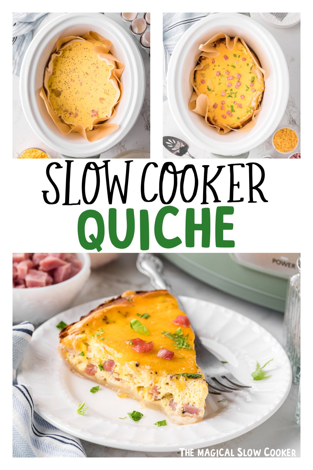 three images of slow cooker quiche for pinterest.