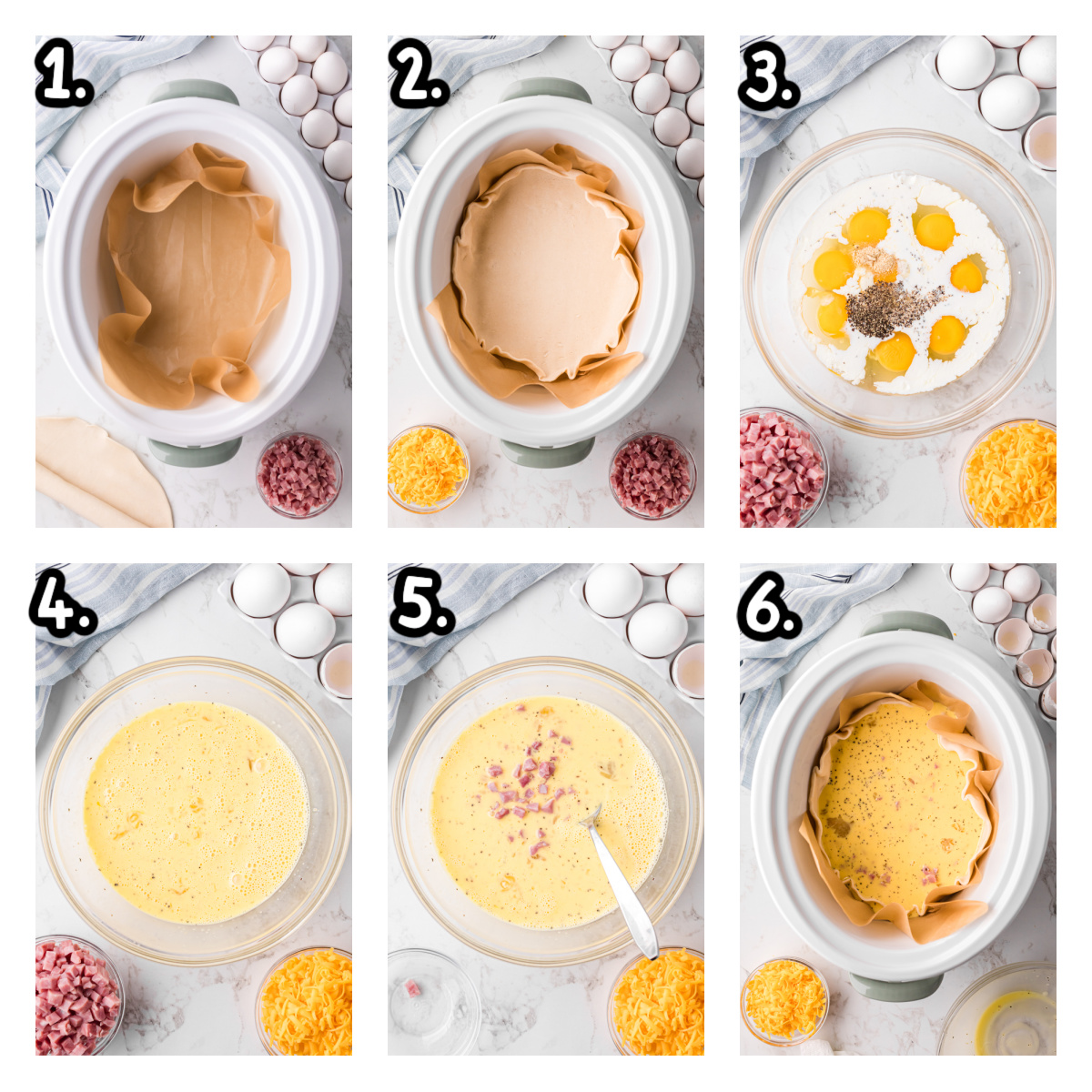 six images showing how to make slow cooker quiche.