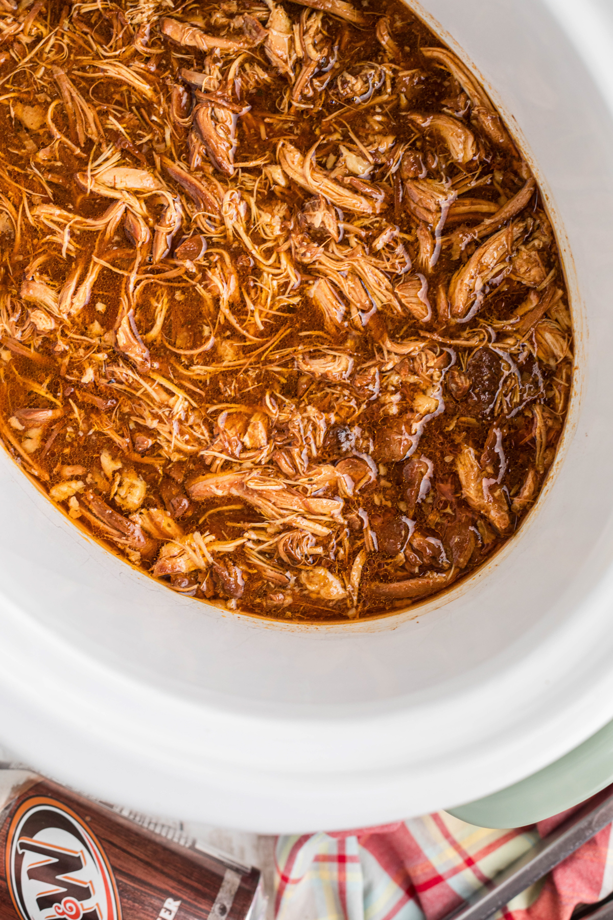 overhead shot of slow cooker root beer chicken.