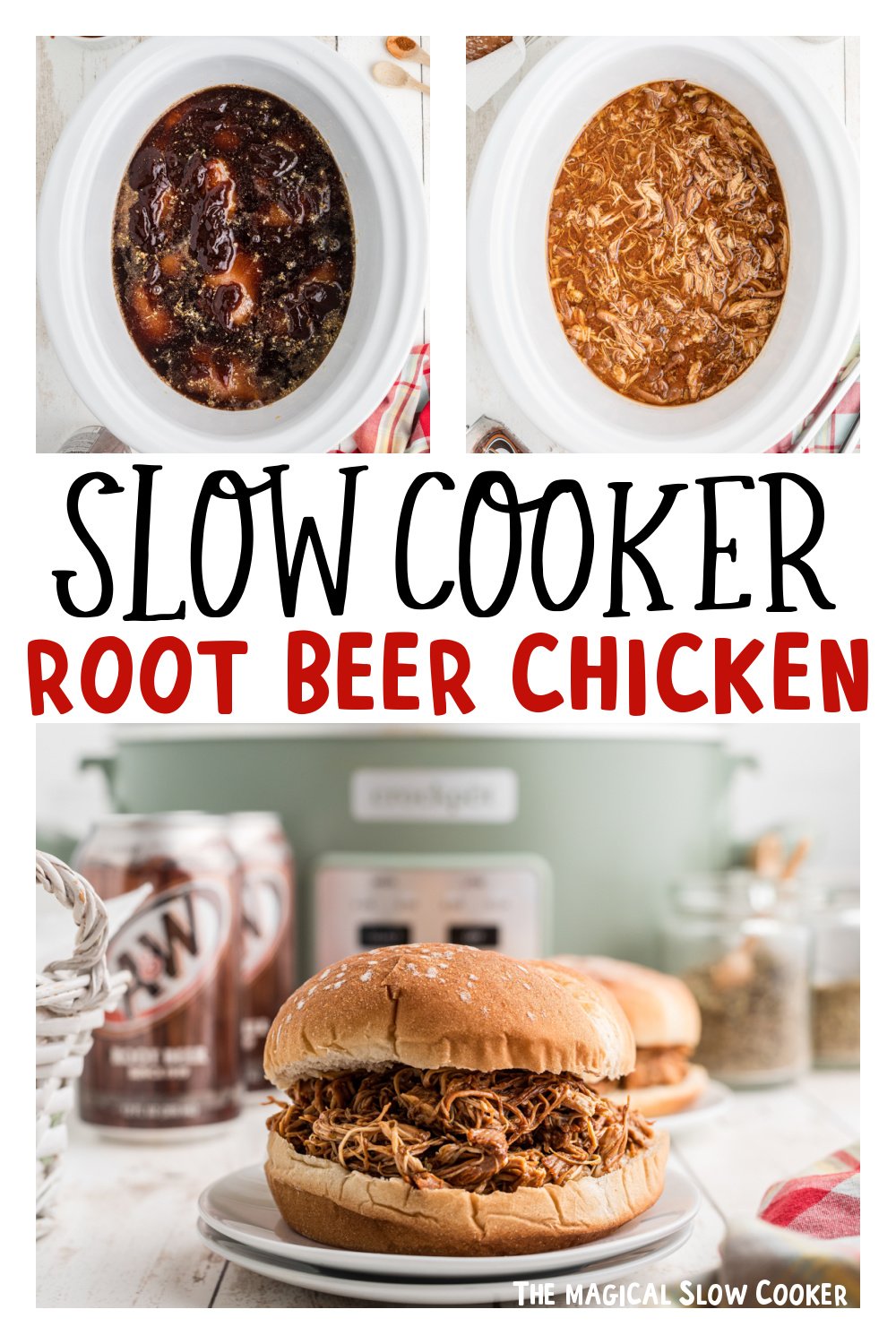 three images of slow cooker root beer chicken for pinterest.