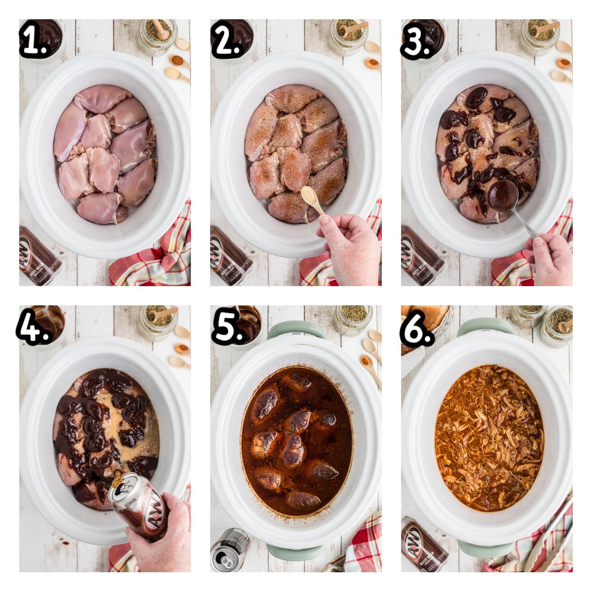 six images showing how to make slow cooker root beer chicken.