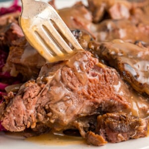 close-up of slow cooker sauerbraten on a plate.