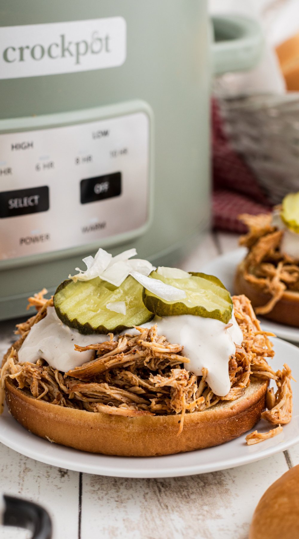 long image of slow cooker nashville hot chicken sandwiches.