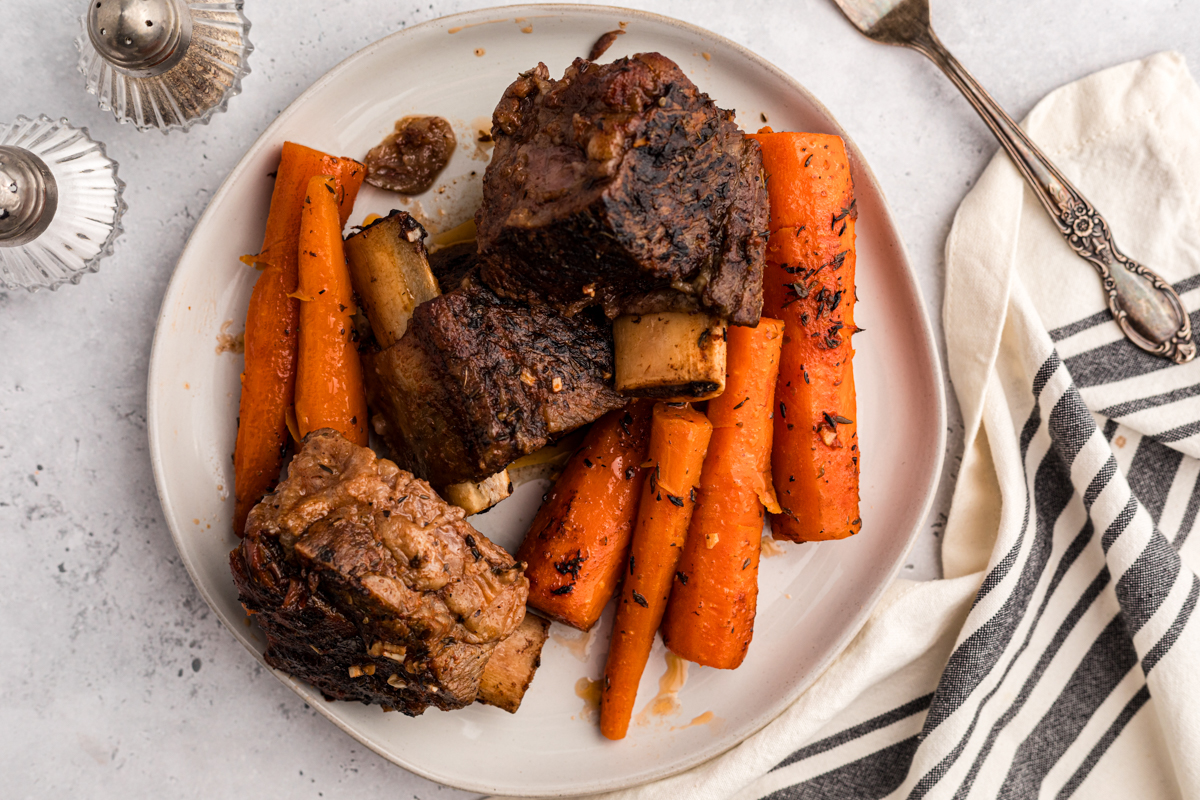 overhead shot of serving of slow cooker short ribs.