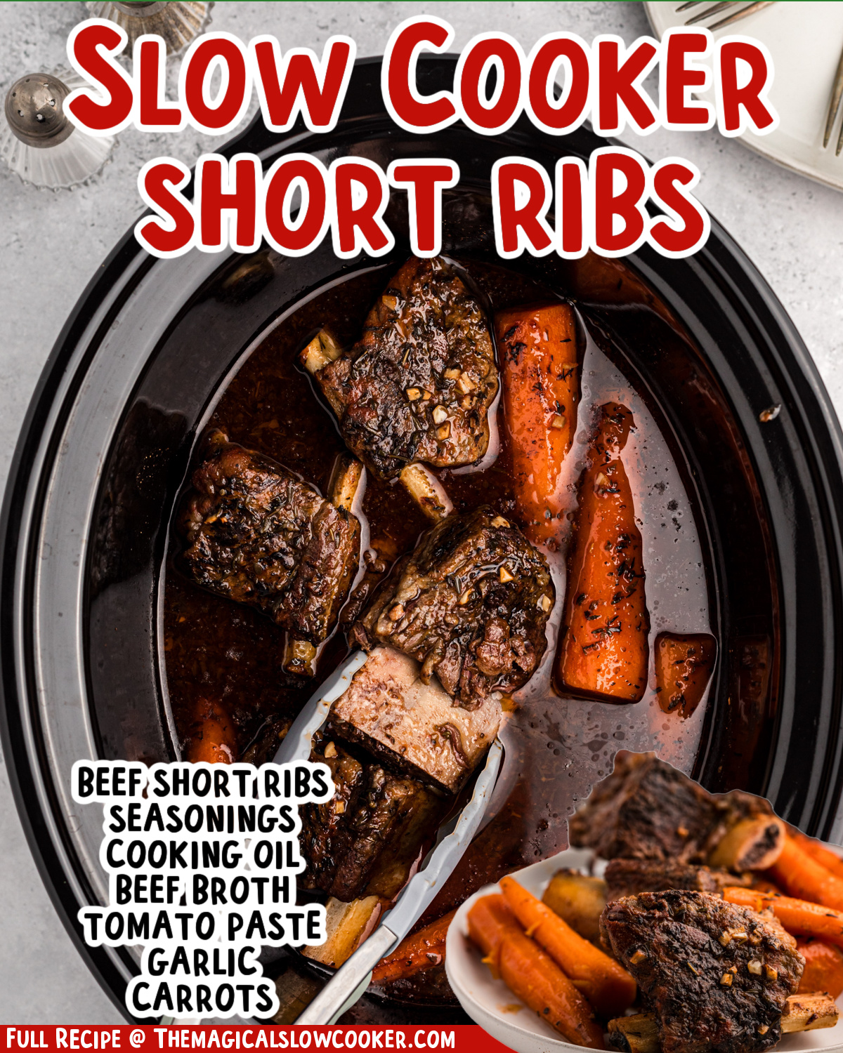 two images of slow cooker short ribs with text list of ingredients.