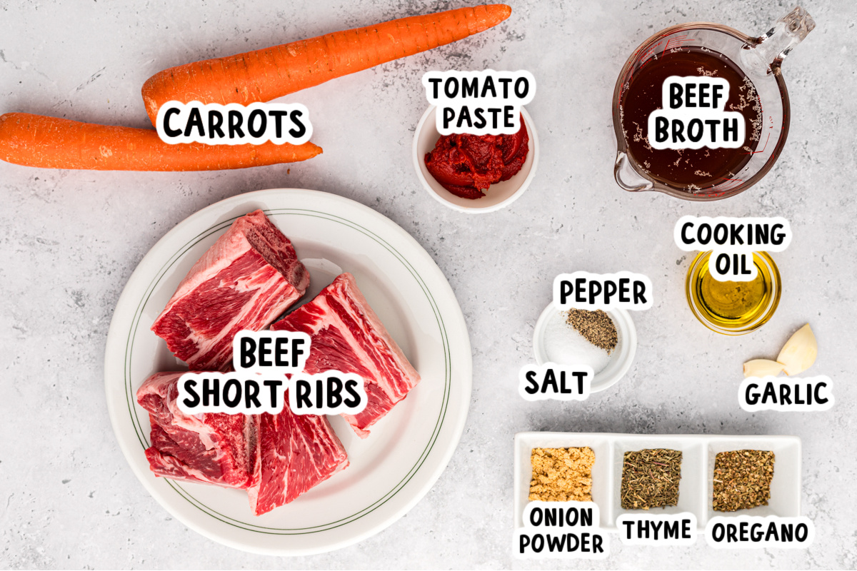 ingredients for slow cooker short ribs on a table.