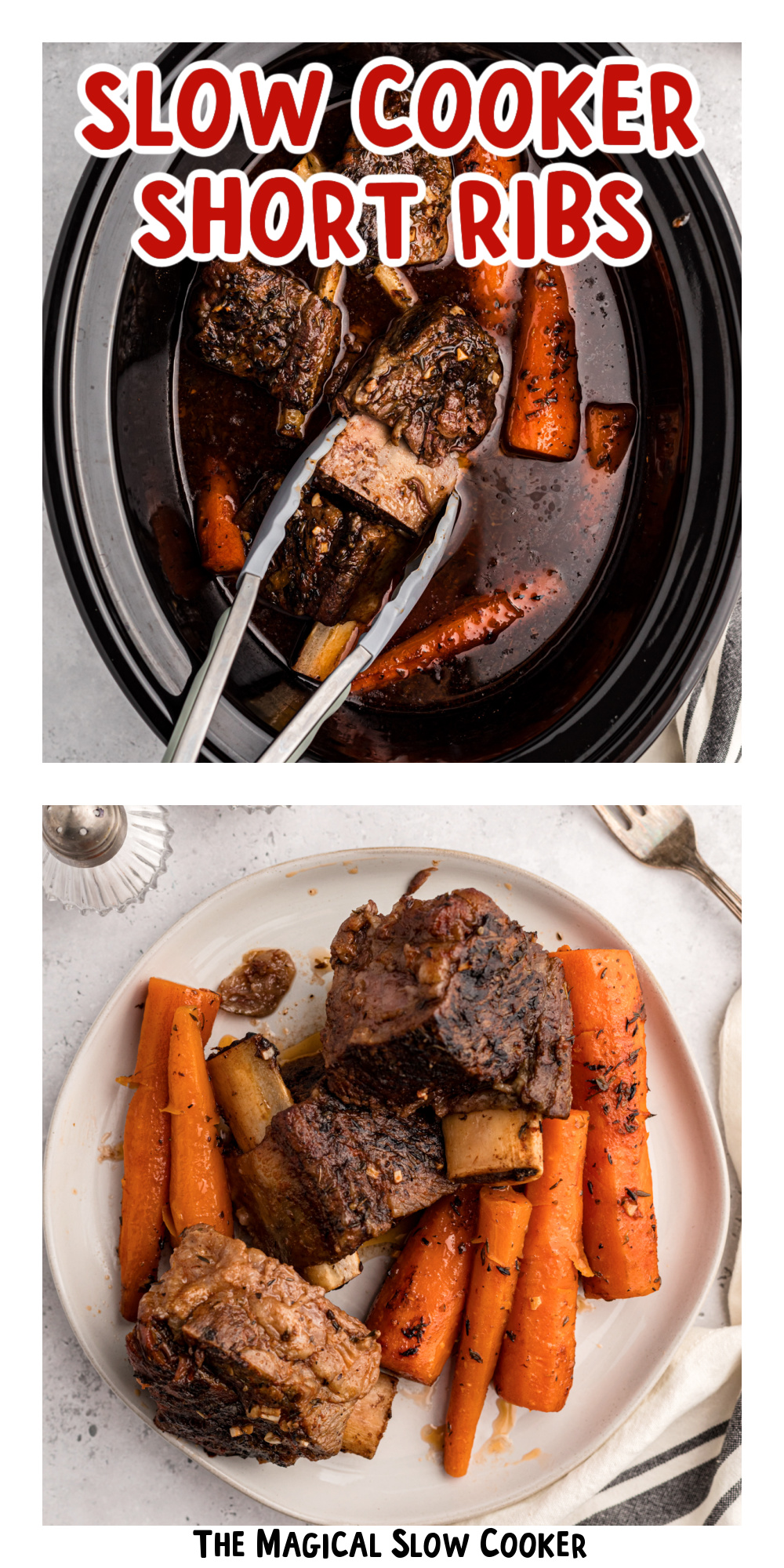 two images of slow cooker short ribs with text title overlay.