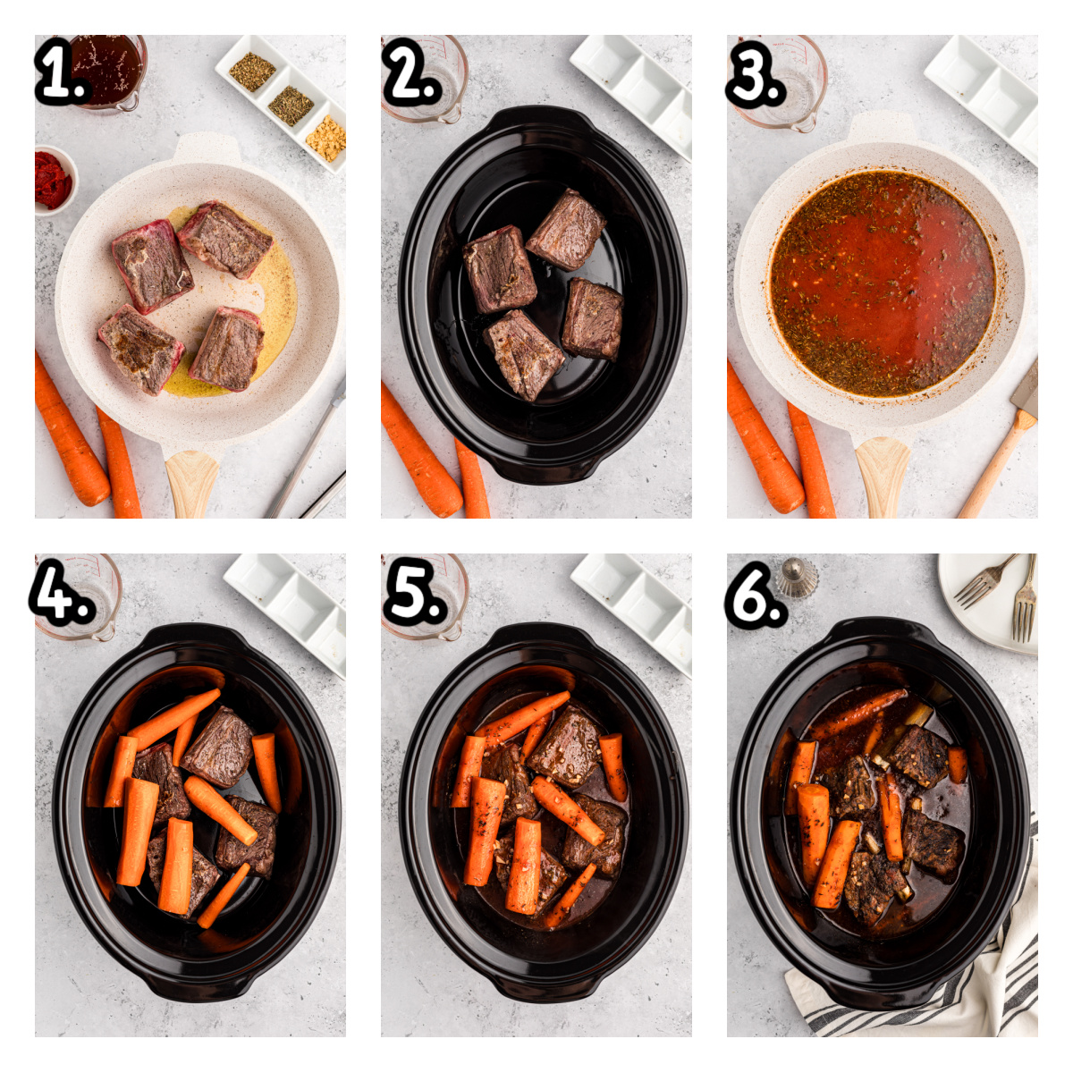 six images showing how to make slow cooker short ribs.