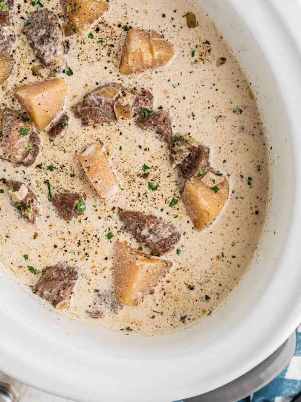 steak and potato soup in a slow cooker.